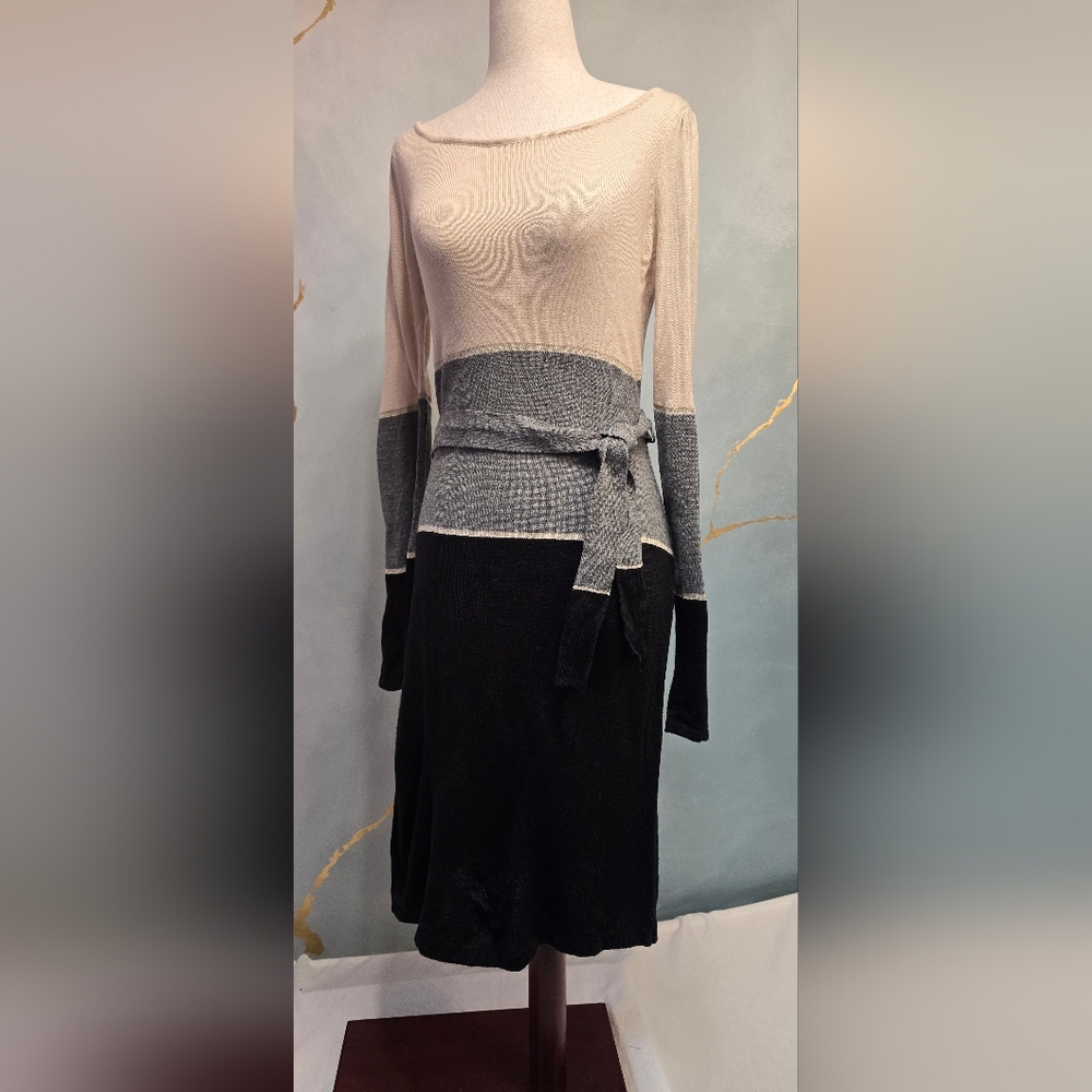NWT Y2k The Limited Colorblock Tie-Waist Sweater Dress — Cream, Gray & Black S
